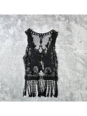 Rue 21 Crochet Open Vest Small Fringe Mesh Tie Goth Fairy Festival Boho Hippie
